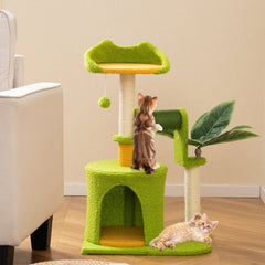 31 Inch Palm Cat Tree with an Ear Shaped Perch, Condo and Self Groomer
