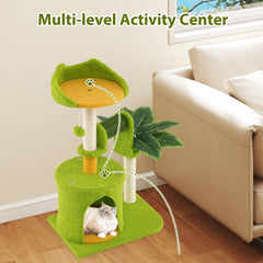 31 Inch Palm Cat Tree with an Ear Shaped Perch, Condo and Self Groomer