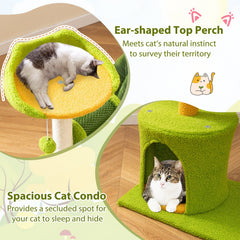 31 Inch Palm Cat Tree with an Ear Shaped Perch, Condo and Self Groomer