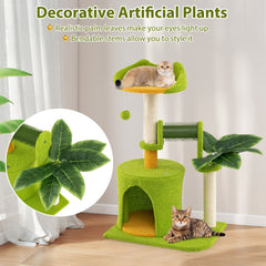 31 Inch Palm Cat Tree with an Ear Shaped Perch, Condo and Self Groomer