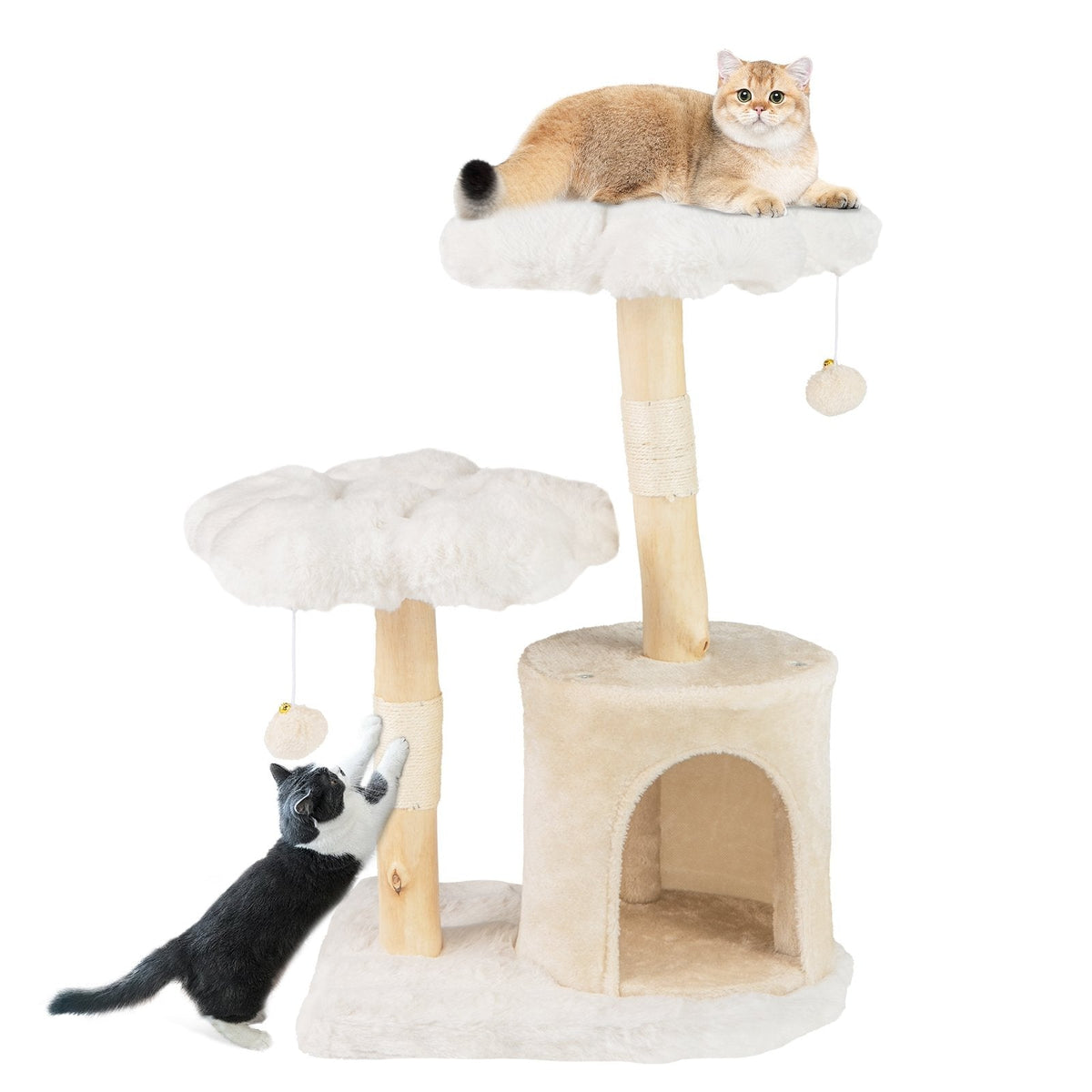32 Inch Solid Wood Cat Tree with Two Flower Platforms and a Round Condo