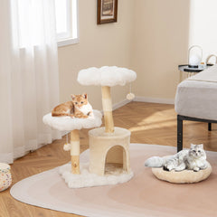 32 Inch Solid Wood Cat Tree with Two Flower Platforms and a Round Condo