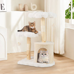 32 Inch Solid Wood Cat Tree with Two Flower Platforms and a Round Condo