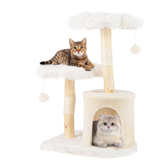 32 Inch Solid Wood Cat Tree with Two Flower Platforms and a Round Condo