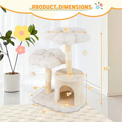 32 Inch Solid Wood Cat Tree with Two Flower Platforms and a Round Condo