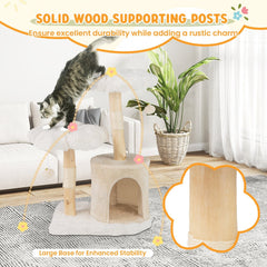 32 Inch Solid Wood Cat Tree with Two Flower Platforms and a Round Condo