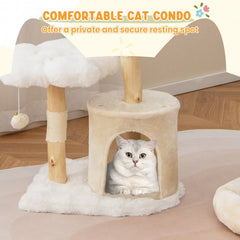 32 Inch Solid Wood Cat Tree with Two Flower Platforms and a Round Condo