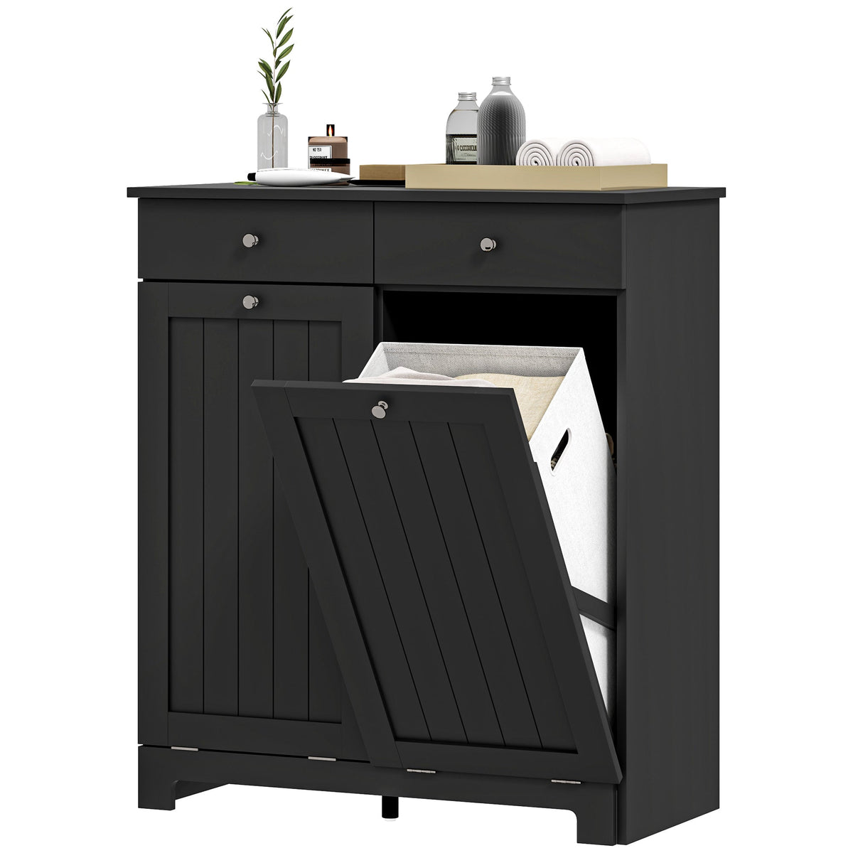 Laundry Cabinet, Tilt Out Laundry Hamper Cabinet with 2 Baskets, Bathroom Hamper Cabinet with 2 Drawers, Black