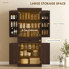 72" Kitchen Pantry Cabinet, Farmhouse Kitchen Storage Cabinet with 4 Barn Doors, 6 Door Shelves, Drawer, Black