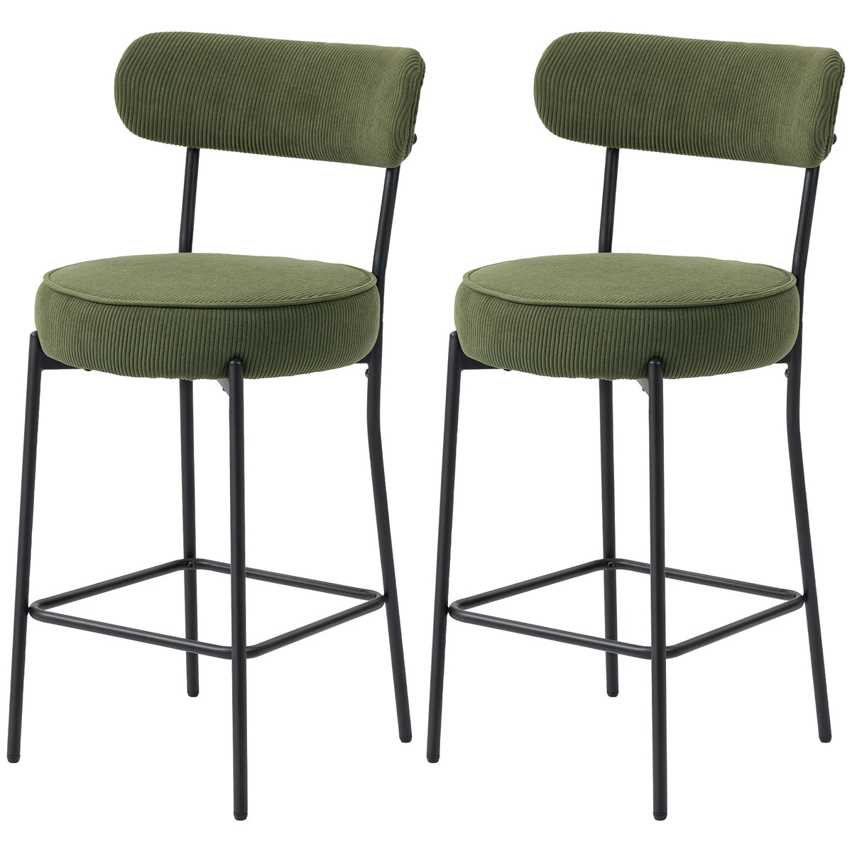 Set of 2 Barstools, Upholstered Corduroy Bar Stools with Backrest, Footrest for Kitchen Island, Dining Room, Green
