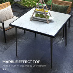 Outdoor Dining Table for 4, Square Patio Dining Table with Marble Effect Tempered Glass Top and Steel Frame, White