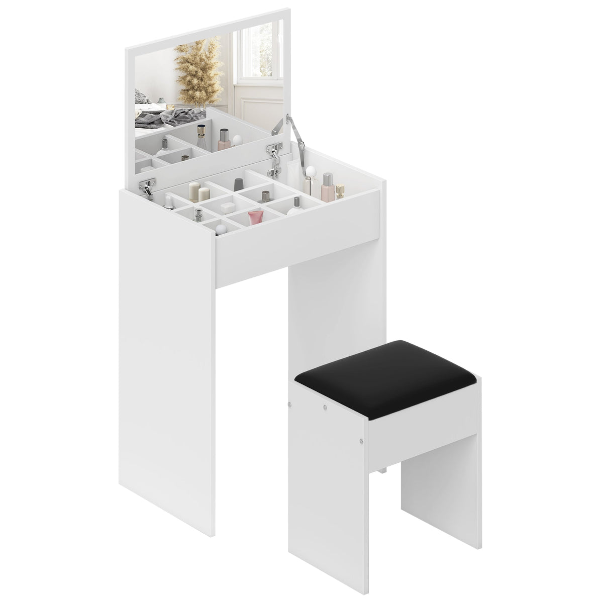Modern Vanity Set with Makeup Table and Cushioned Stool, Dressing Table with Flip Top and Mirror for Bedroom, White