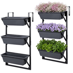 Deck Railing Planter Boxes with Adjustable Brackets & 3-Tier Design for Porch Patio-Black