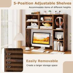 Desktop Bookshelf with 7 Open Cubbies and 3 Adjustable Shelves-Brown