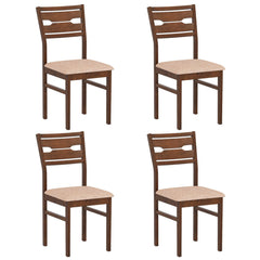 Set of 4 Compact Dining Chairs, Walnut Brown Rubber Wood with Beige Fabric Padded Seat