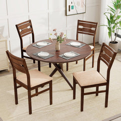 Set of 4 Compact Dining Chairs, Walnut Brown Rubber Wood with Beige Fabric Padded Seat