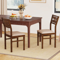 Set of 4 Compact Dining Chairs, Walnut Brown Rubber Wood with Beige Fabric Padded Seat