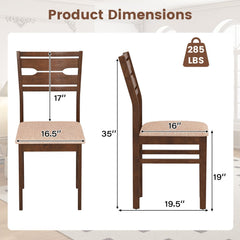 Set of 4 Compact Dining Chairs, Walnut Brown Rubber Wood with Beige Fabric Padded Seat