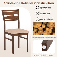 Set of 4 Compact Dining Chairs, Walnut Brown Rubber Wood with Beige Fabric Padded Seat