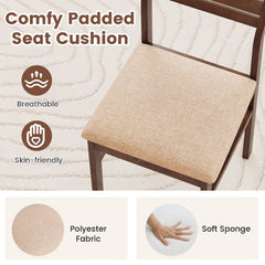 Set of 4 Compact Dining Chairs, Walnut Brown Rubber Wood with Beige Fabric Padded Seat