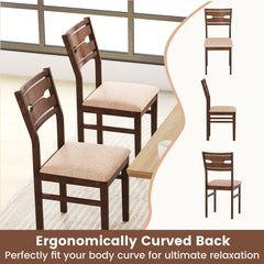 Set of 4 Compact Dining Chairs, Walnut Brown Rubber Wood with Beige Fabric Padded Seat