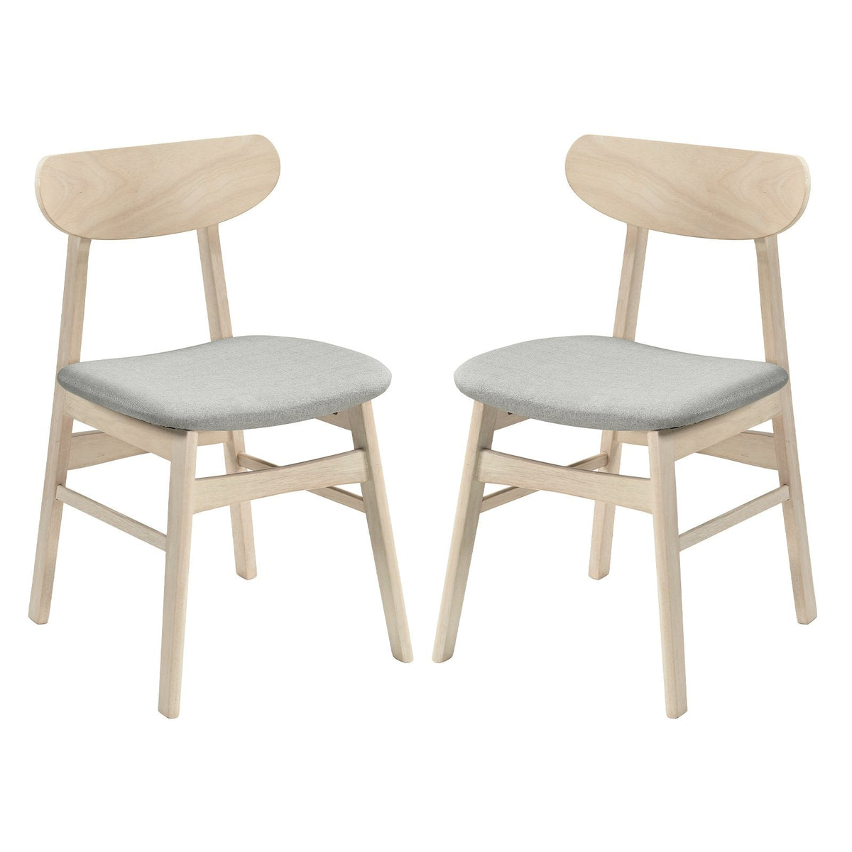 Set of 2 Mid Century Dining Chairs, Natural Rubber Wood with Light Grey Fabric Seat and Curved Back