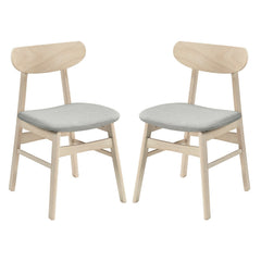 Set of 2 Mid Century Dining Chairs, Natural Rubber Wood with Light Grey Fabric Seat and Curved Back
