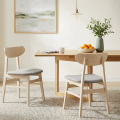 Set of 2 Mid Century Dining Chairs, Natural Rubber Wood with Light Grey Fabric Seat and Curved Back