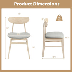 Set of 2 Mid Century Dining Chairs, Natural Rubber Wood with Light Grey Fabric Seat and Curved Back