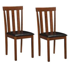 Set of 2 Slat Back Dining Chairs, Brown Rubber Wood Frame with Black Faux Leather Padded Seat