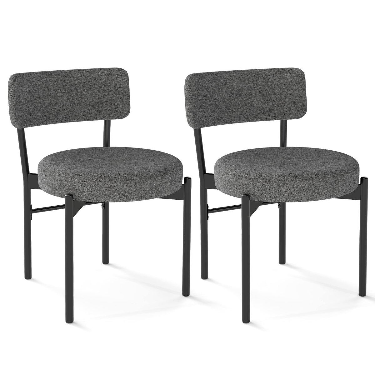 Set of 2 Round Seat Dining Chairs, Grey Sherpa Fleece with 3.5 Inch Cushion and Black Metal Legs, 400 lb