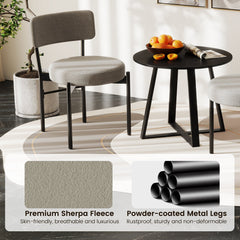Set of 2 Round Seat Dining Chairs, Grey Sherpa Fleece with 3.5 Inch Cushion and Black Metal Legs, 400 lb