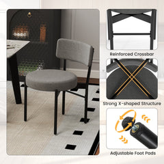 Set of 2 Round Seat Dining Chairs, Grey Sherpa Fleece with 3.5 Inch Cushion and Black Metal Legs, 400 lb