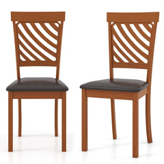 Set of 2 Diagonal Slat Back Dining Chairs, Walnut Finish Rubber Wood with Brown PU Leather Seat