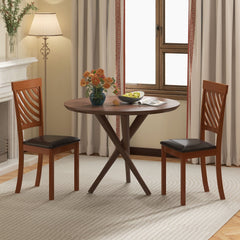 Set of 2 Diagonal Slat Back Dining Chairs, Walnut Finish Rubber Wood with Brown PU Leather Seat