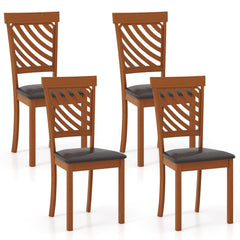 Set of 2 Diagonal Slat Back Dining Chairs, Walnut Finish Rubber Wood with Brown PU Leather Seat
