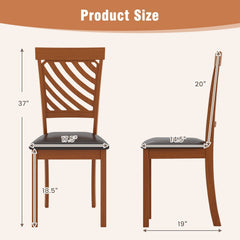 Set of 2 Diagonal Slat Back Dining Chairs, Walnut Finish Rubber Wood with Brown PU Leather Seat