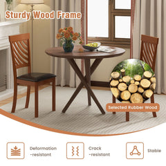 Set of 2 Diagonal Slat Back Dining Chairs, Walnut Finish Rubber Wood with Brown PU Leather Seat