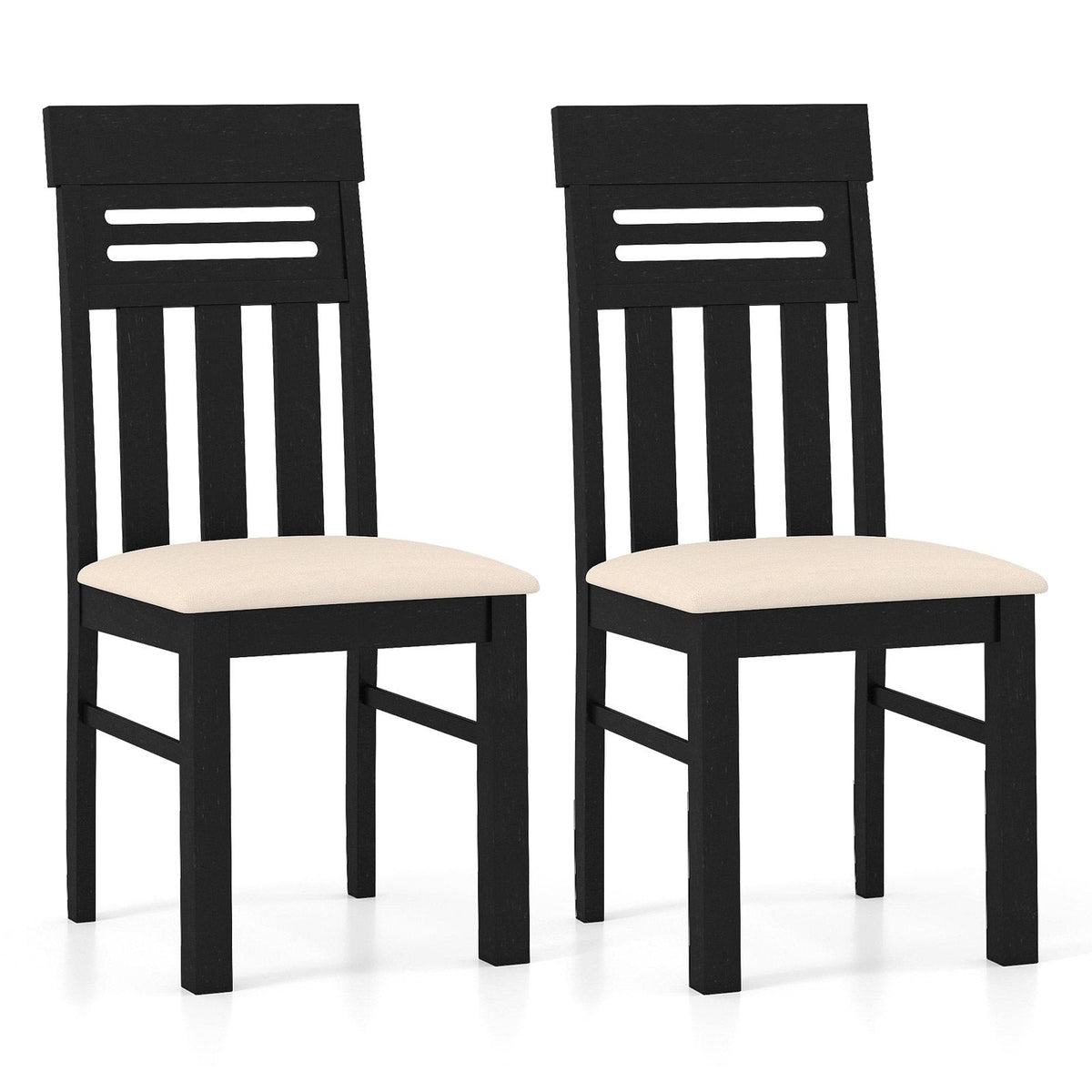 Set of 2 High Back Dining Chairs, Black Rubber Wood with Cream Faux Linen Padded Seat