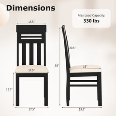 Set of 2 High Back Dining Chairs, Black Rubber Wood with Cream Faux Linen Padded Seat
