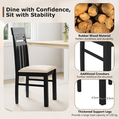 Set of 2 High Back Dining Chairs, Black Rubber Wood with Cream Faux Linen Padded Seat