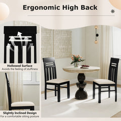 Set of 2 High Back Dining Chairs, Black Rubber Wood with Cream Faux Linen Padded Seat