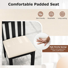 Set of 2 High Back Dining Chairs, Black Rubber Wood with Cream Faux Linen Padded Seat
