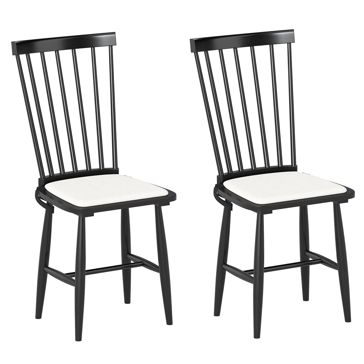 Set of 2 Black Windsor Dining Chairs, Solid Rubber Wood with Removable Linen Seat Cushions, 420 lb