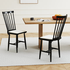 Set of 2 Black Windsor Dining Chairs, Solid Rubber Wood with Removable Linen Seat Cushions, 420 lb