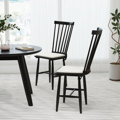 Set of 2 Black Windsor Dining Chairs, Solid Rubber Wood with Removable Linen Seat Cushions, 420 lb
