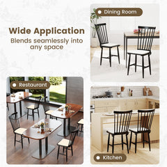 Set of 2 Black Windsor Dining Chairs, Solid Rubber Wood with Removable Linen Seat Cushions, 420 lb
