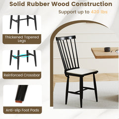 Set of 2 Black Windsor Dining Chairs, Solid Rubber Wood with Removable Linen Seat Cushions, 420 lb
