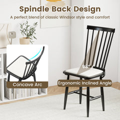 Set of 2 Black Windsor Dining Chairs, Solid Rubber Wood with Removable Linen Seat Cushions, 420 lb