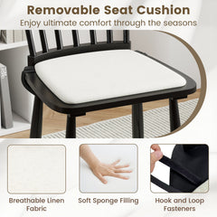 Set of 2 Black Windsor Dining Chairs, Solid Rubber Wood with Removable Linen Seat Cushions, 420 lb